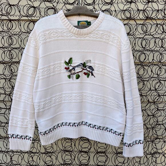 Vintage Cabelas's Birds on a Branch Blue Jays Holly Knit Cottagecore Sweater LG - Picture 1 of 6